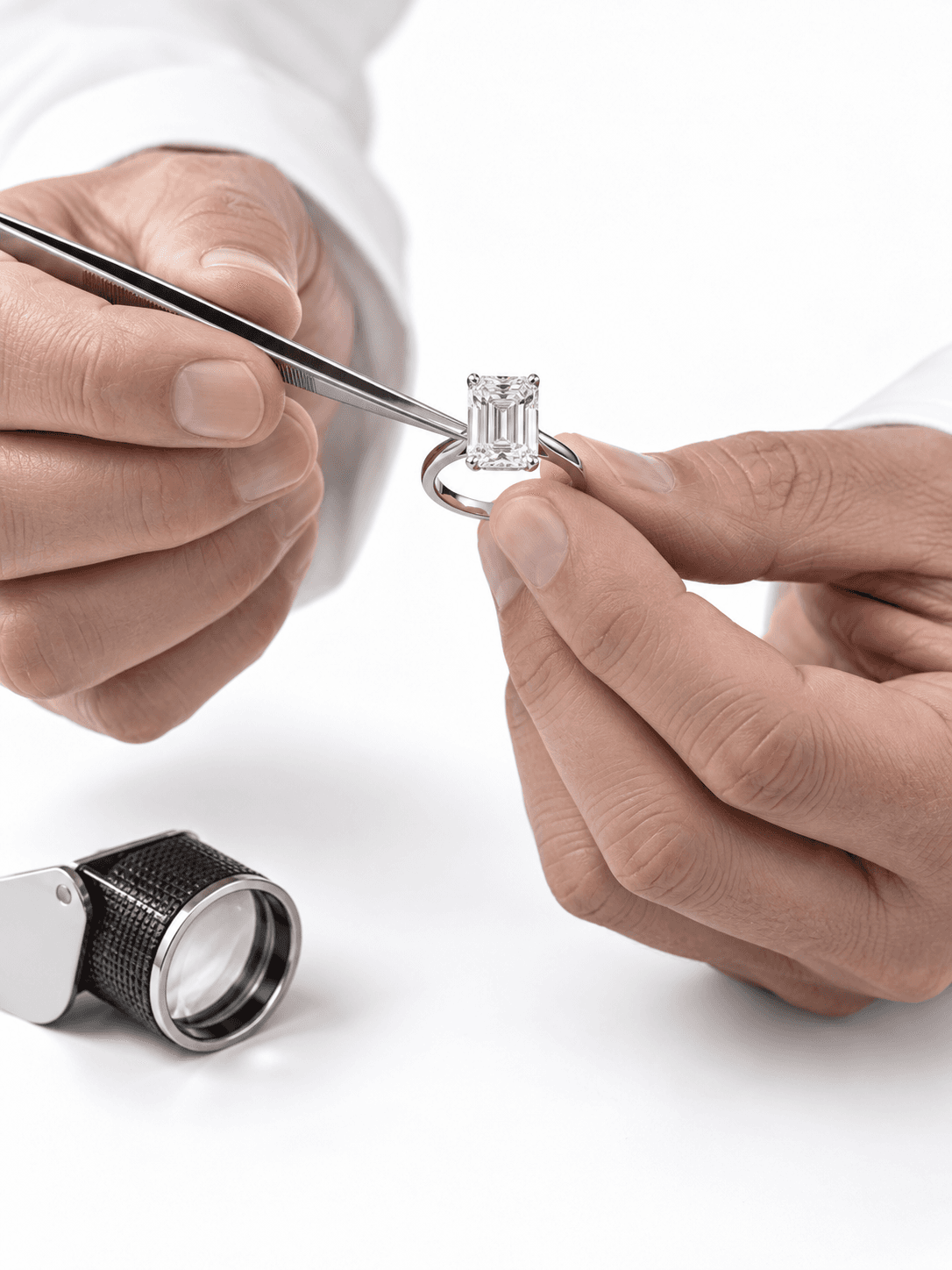 A jeweller examining an emerald-cut diamond ring above a clean white work surface.